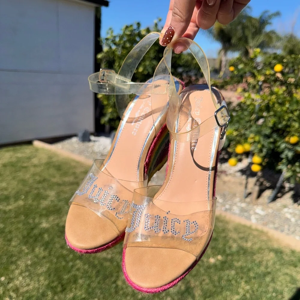 Juicy Couture Rainbow Espadrille Wedge Womens Sandals And Rhinestone Logo Sz 7.5